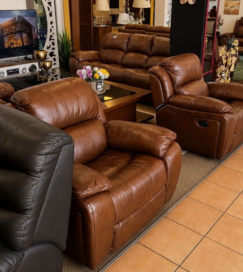 Royal Furnishers showroom interior with leather recliner sofas